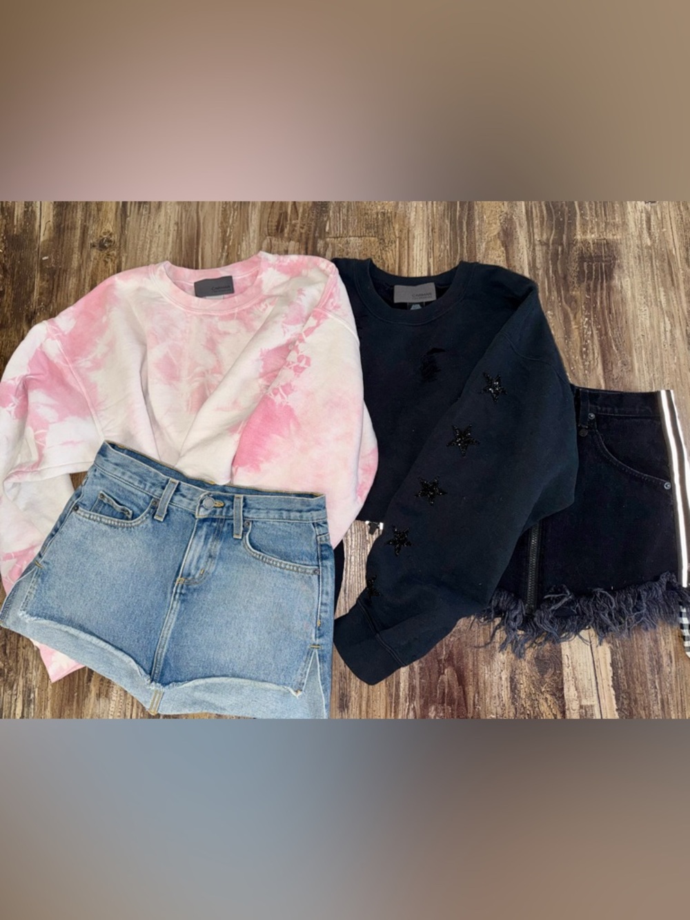 Lot of 4 Carmar Los Angeles: 2 Distressed Star/Tie Dye Crewnecks + 2 Denim Skirt